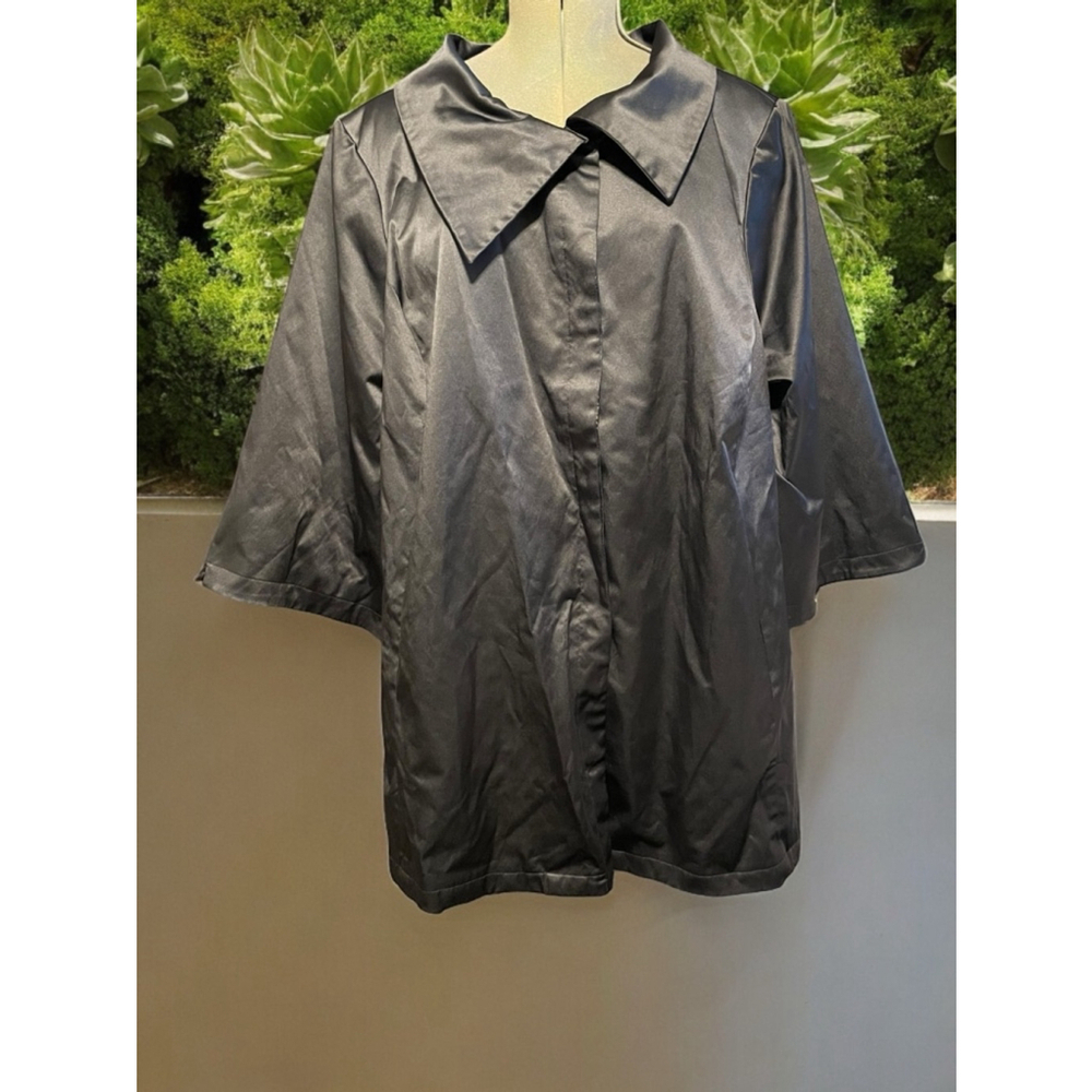 Joan Rivers Collection Black Shiny Satin Jacket 2X Plus Size Dressy 3/4 sleeve